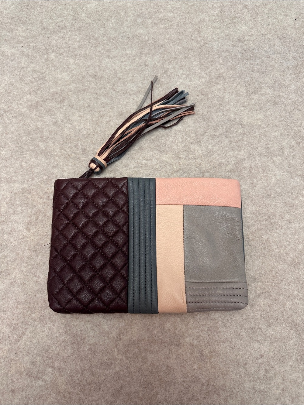 Margot Colorblock Quilted Patch Genuine Leather Zip Pouch Clutch with Tassel